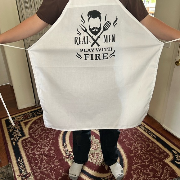 White Apron with Black Graphic Print- Real men play with fire- new - Picture 1 of 5